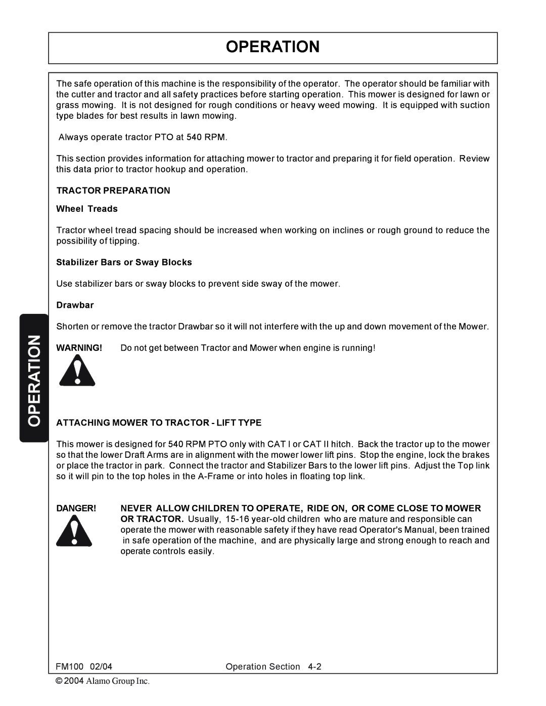 Rhino Mounts FM100 manual Tractor Preparation, Attaching Mower to Tractor Lift Type 