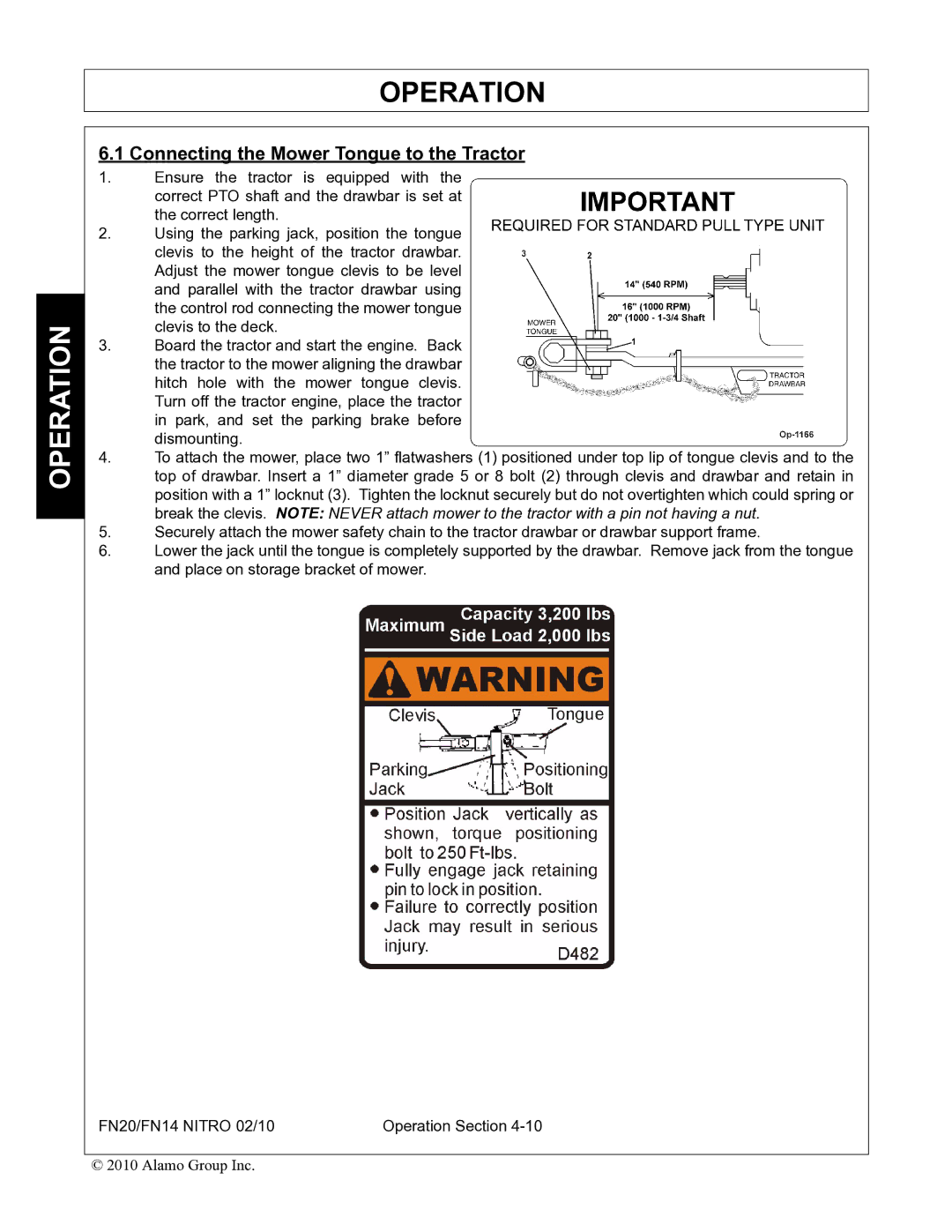 Rhino Mounts FN14, FN20 manual Connecting the Mower Tongue to the Tractor 