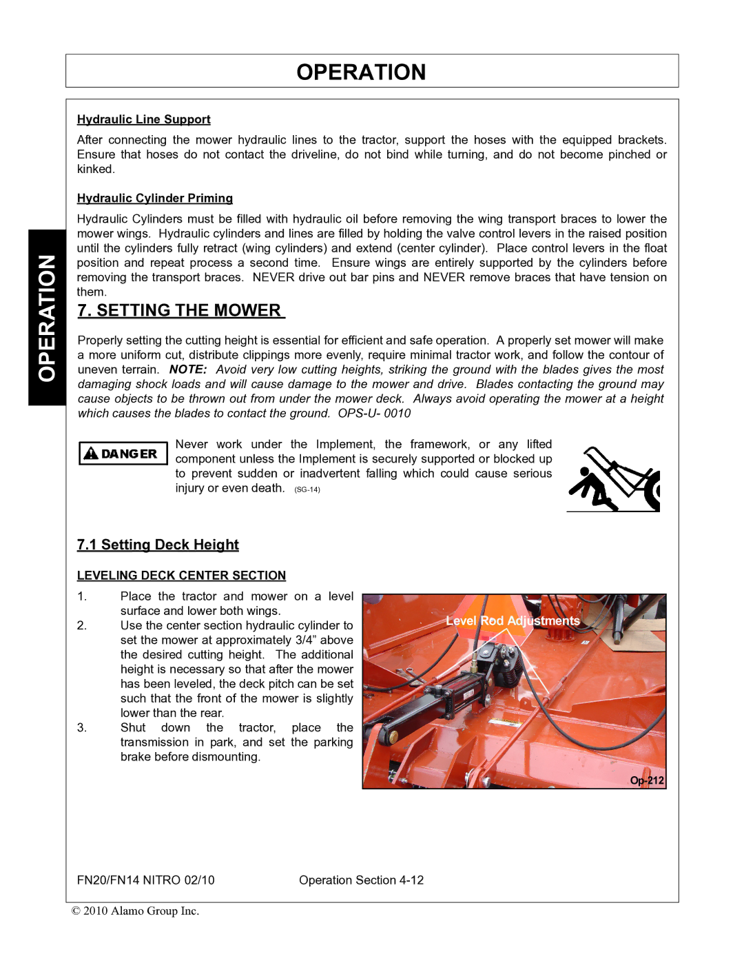 Rhino Mounts FN14, FN20 manual Setting the Mower, Setting Deck Height, Hydraulic Line Support, Hydraulic Cylinder Priming 