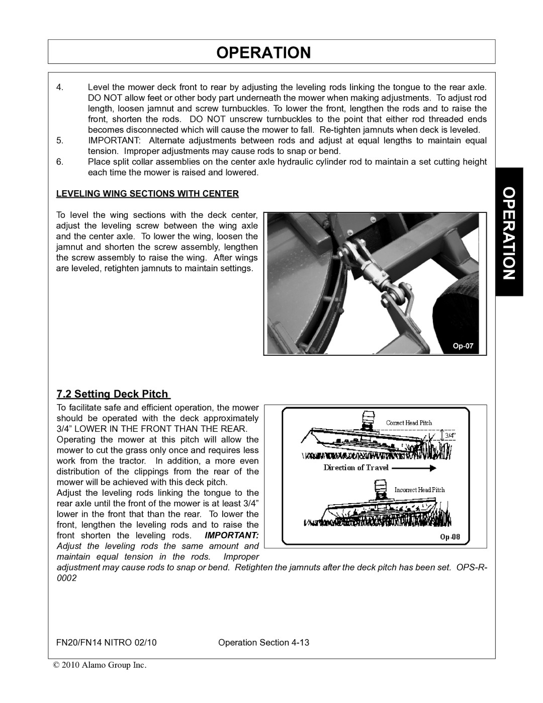 Rhino Mounts FN20, FN14 manual Setting Deck Pitch, Leveling Wing Sections with Center 