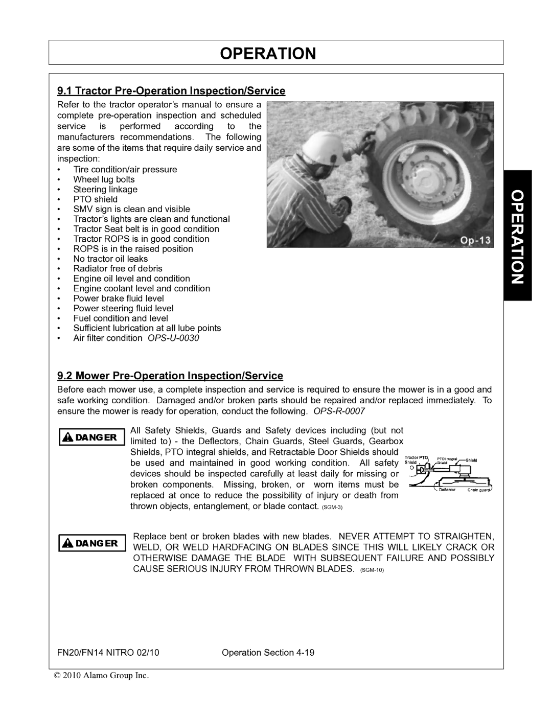 Rhino Mounts FN20, FN14 manual Tractor Pre-Operation Inspection/Service, Mower Pre-Operation Inspection/Service 