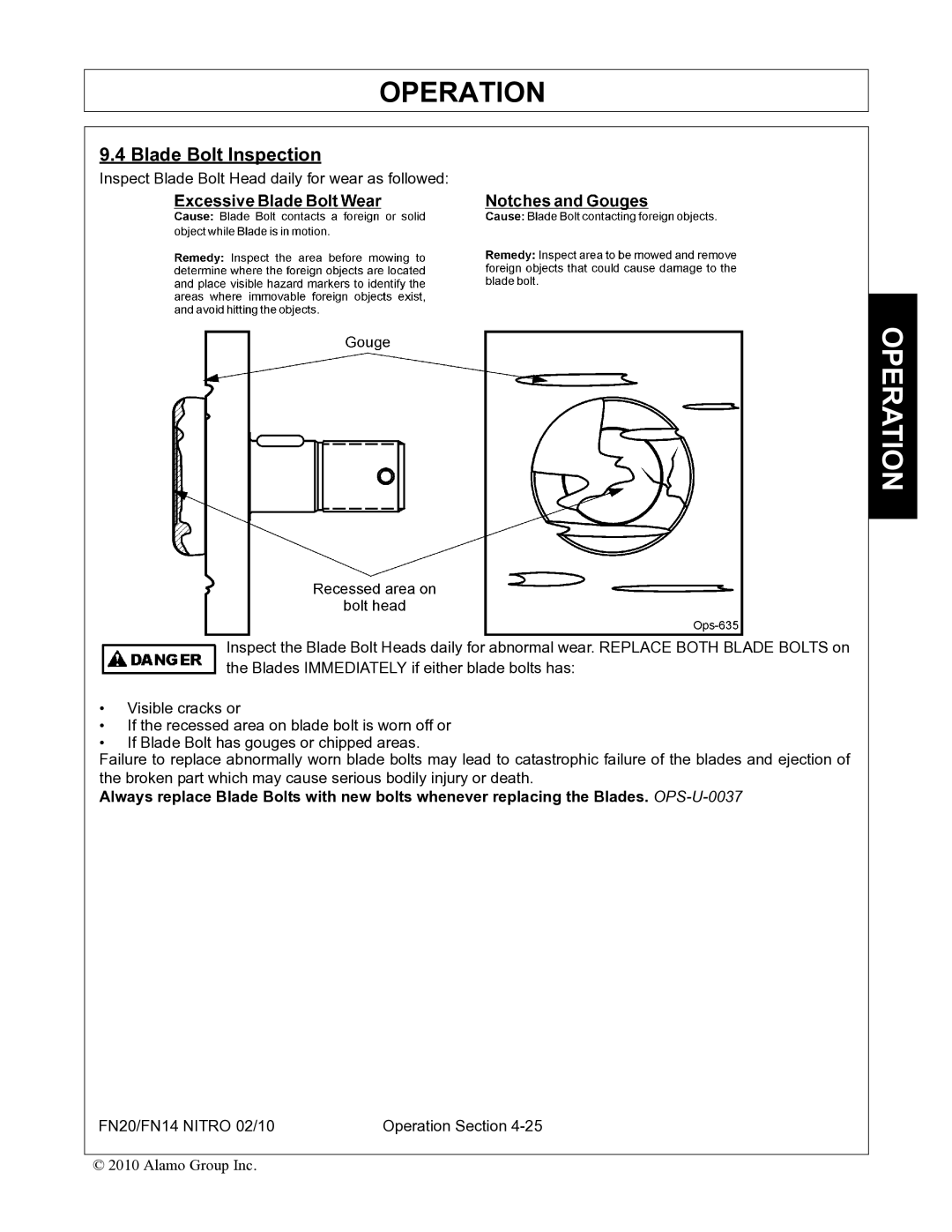 Rhino Mounts FN20, FN14 manual Blade Bolt Inspection 