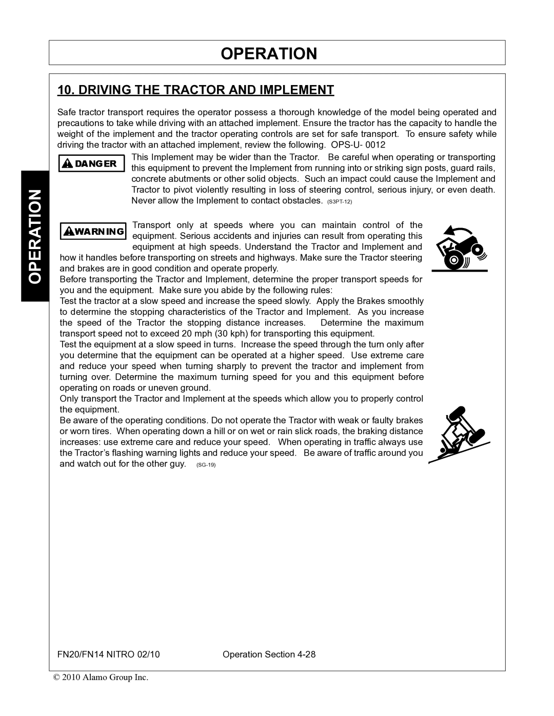 Rhino Mounts FN14, FN20 manual Driving the Tractor and Implement 