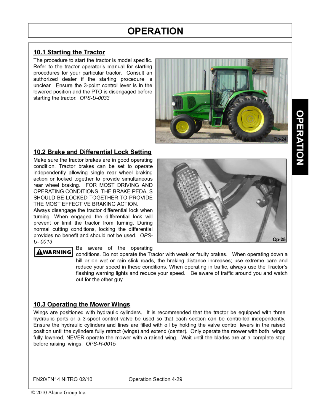 Rhino Mounts FN20, FN14 manual Starting the Tractor, Brake and Differential Lock Setting, Operating the Mower Wings 