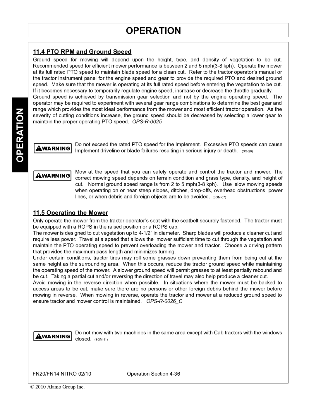 Rhino Mounts FN14, FN20 manual PTO RPM and Ground Speed, Operating the Mower 