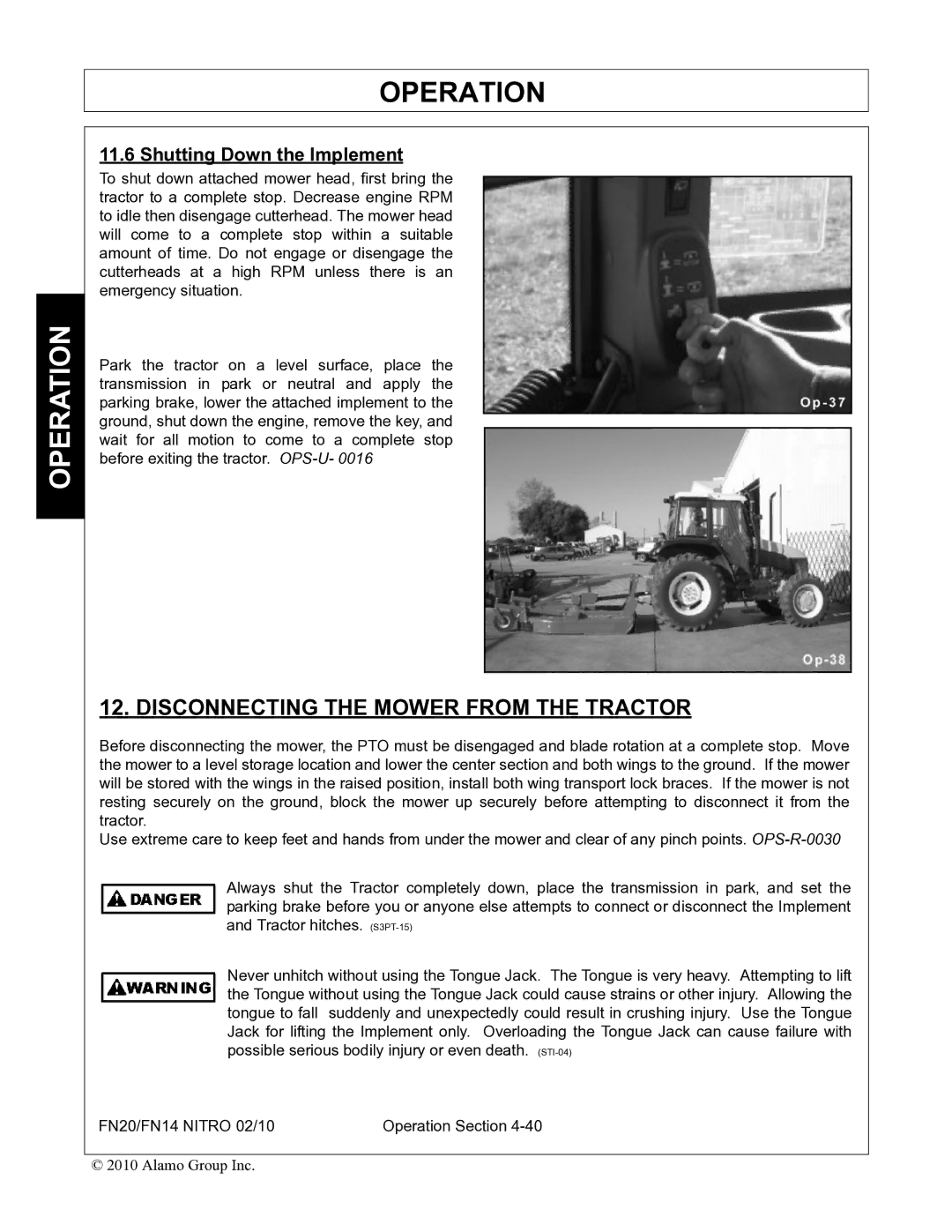 Rhino Mounts FN14, FN20 manual Disconnecting the Mower from the Tractor, Shutting Down the Implement 