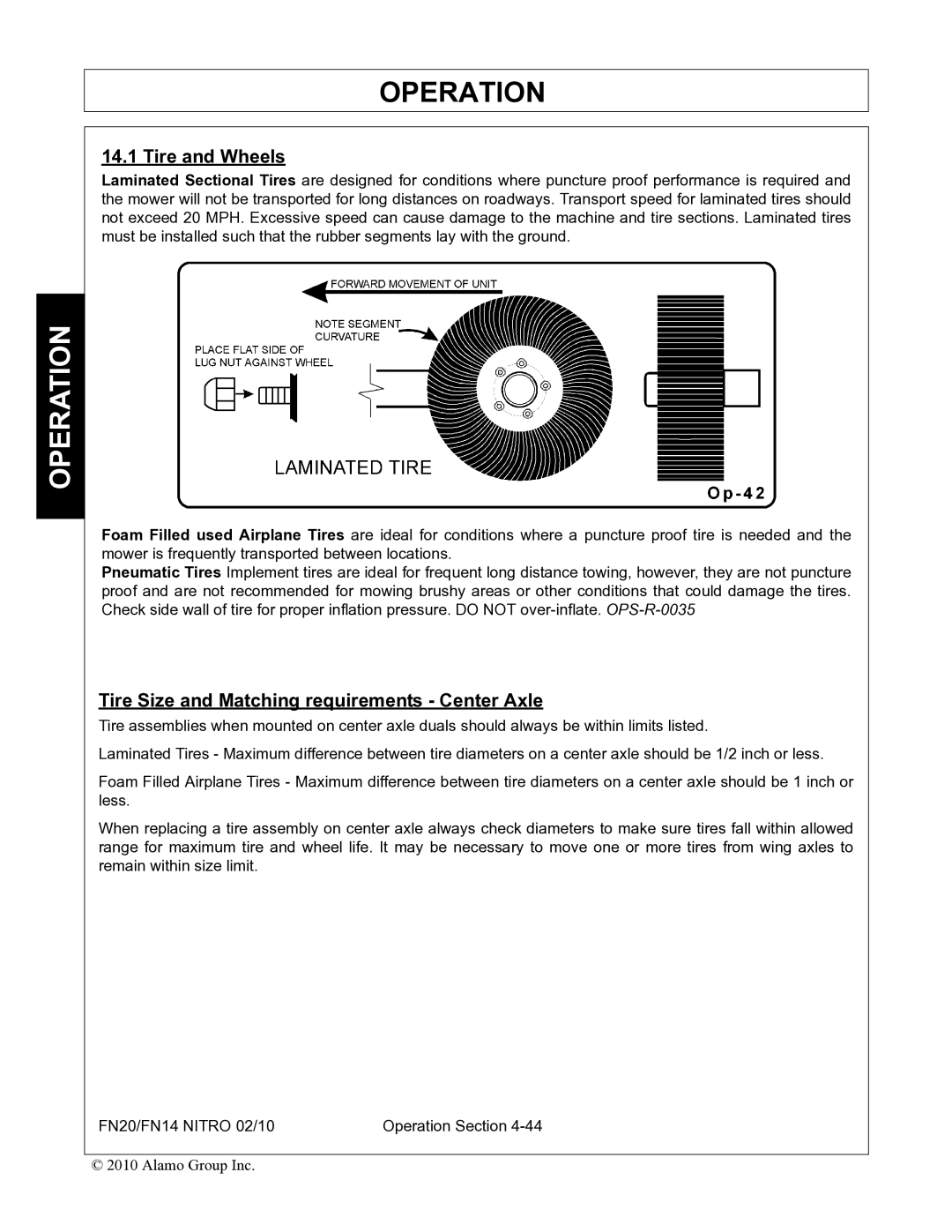 Rhino Mounts FN14, FN20 manual Tire and Wheels, Tire Size and Matching requirements Center Axle 