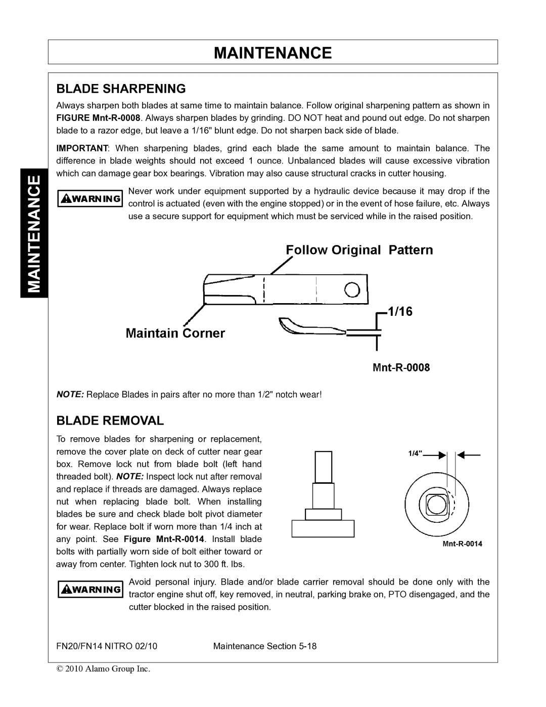 Rhino Mounts FN14, FN20 manual Blade Sharpening, Blade Removal 