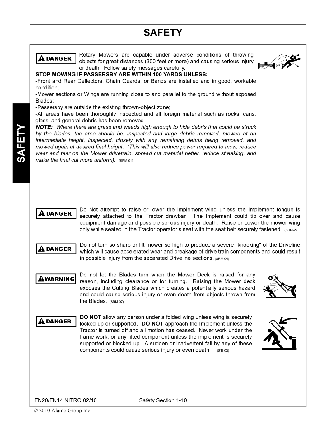 Rhino Mounts FN14, FN20 manual Stop Mowing if Passersby are Within 100 Yards Unless 