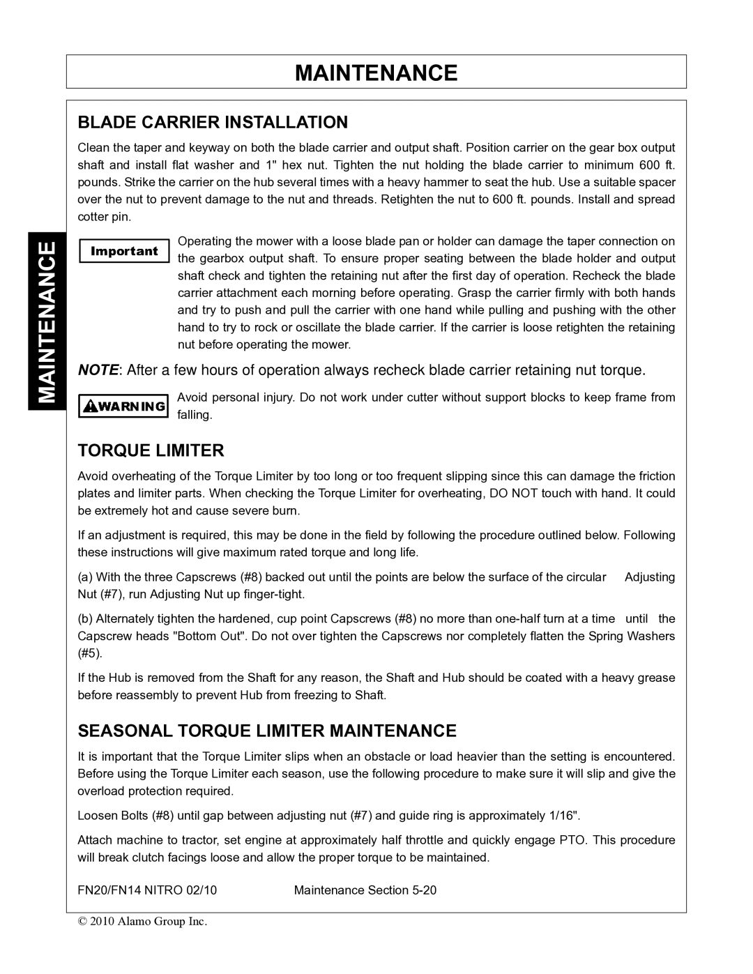 Rhino Mounts FN14, FN20 manual Blade Carrier Installation, Seasonal Torque Limiter Maintenance 