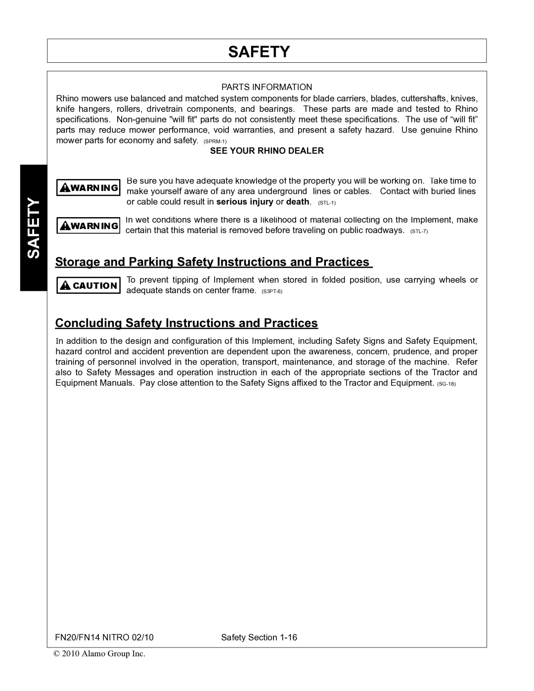 Rhino Mounts FN14, FN20 manual Storage and Parking Safety Instructions and Practices 