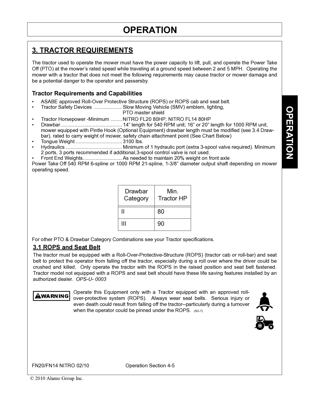 Rhino Mounts FN20, FN14 manual Tractor Requirements and Capabilities, Rops and Seat Belt 