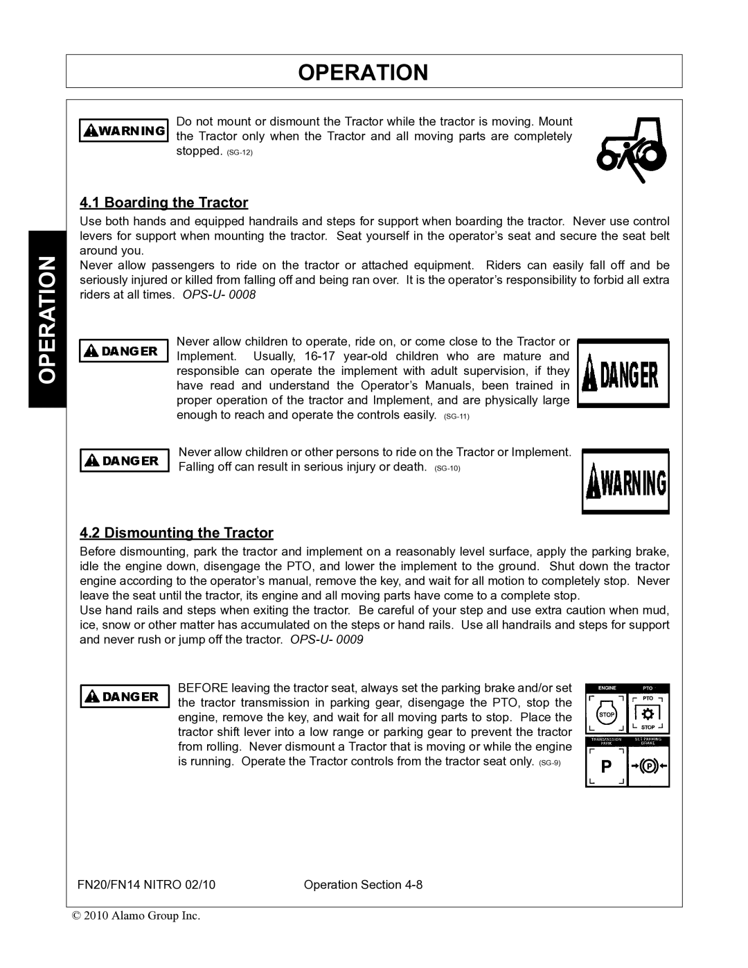 Rhino Mounts FN14, FN20 manual Boarding the Tractor, Dismounting the Tractor 