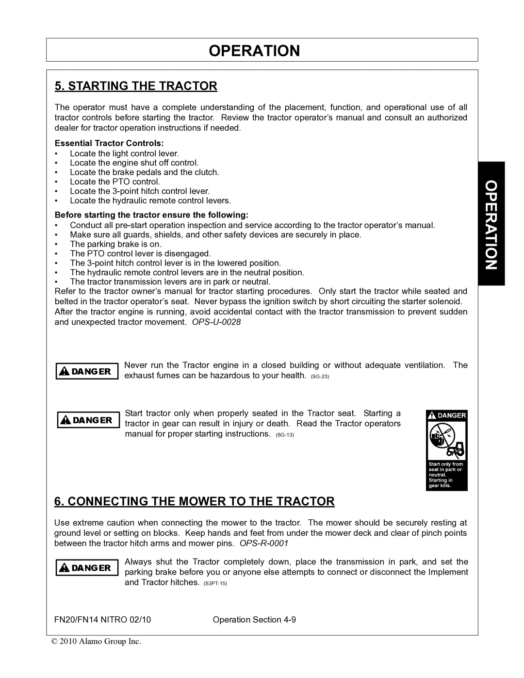 Rhino Mounts FN20, FN14 manual Starting the Tractor, Connecting the Mower to the Tractor, Essential Tractor Controls 