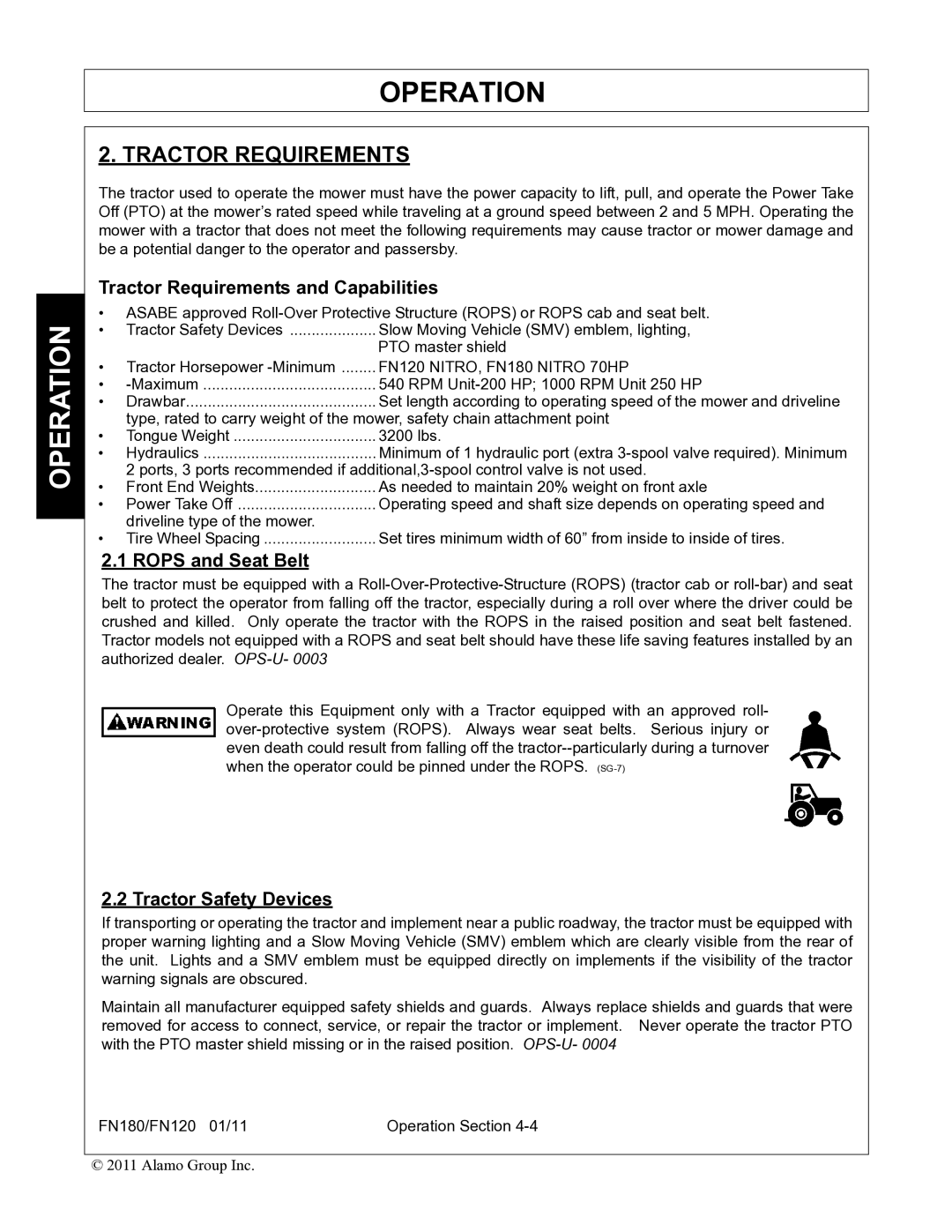 Rhino Mounts FN180, FN120 manual Tractor Requirements and Capabilities, Rops and Seat Belt, Tractor Safety Devices 