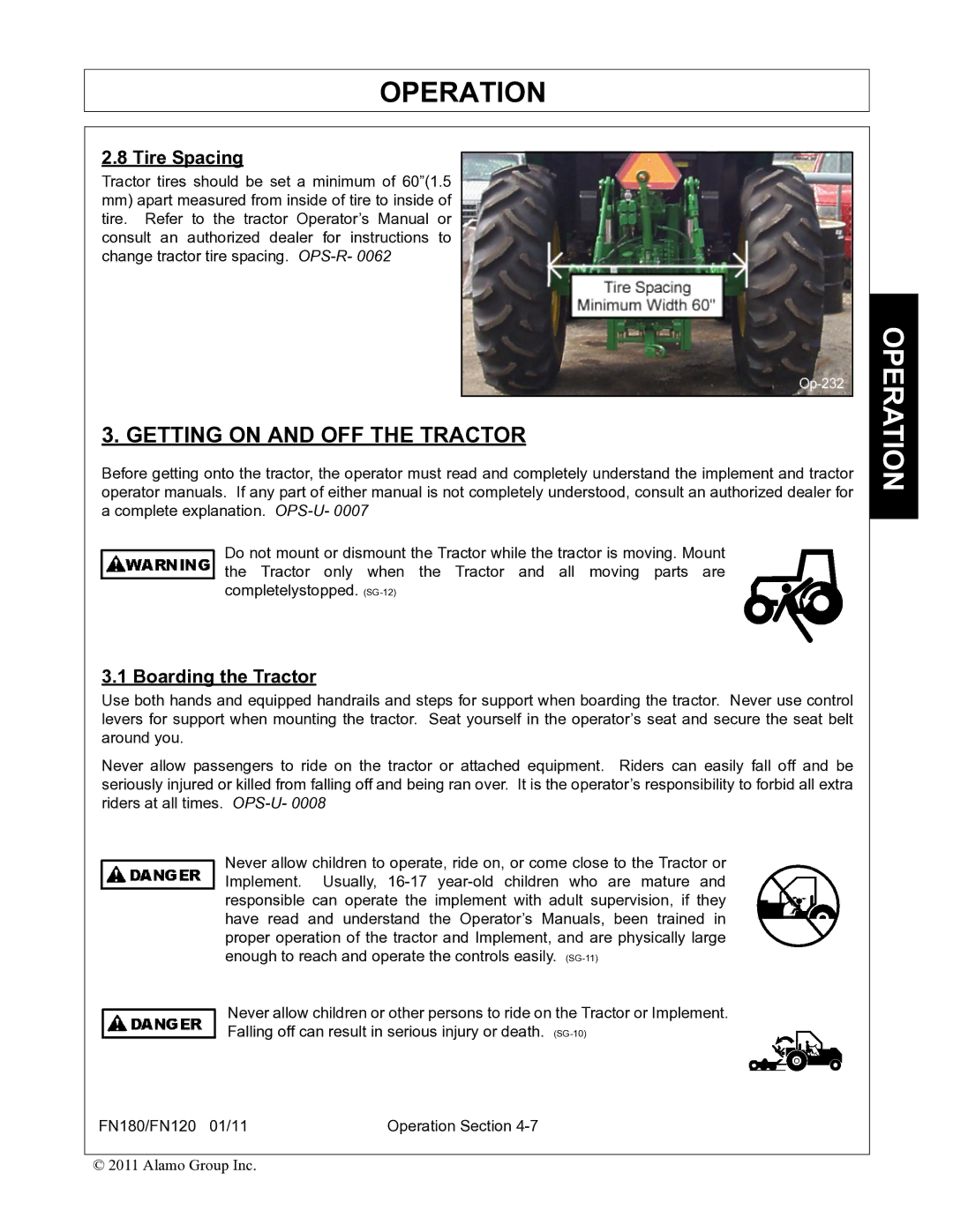 Rhino Mounts FN120, FN180 manual Getting on and OFF the Tractor, Tire Spacing, Boarding the Tractor 