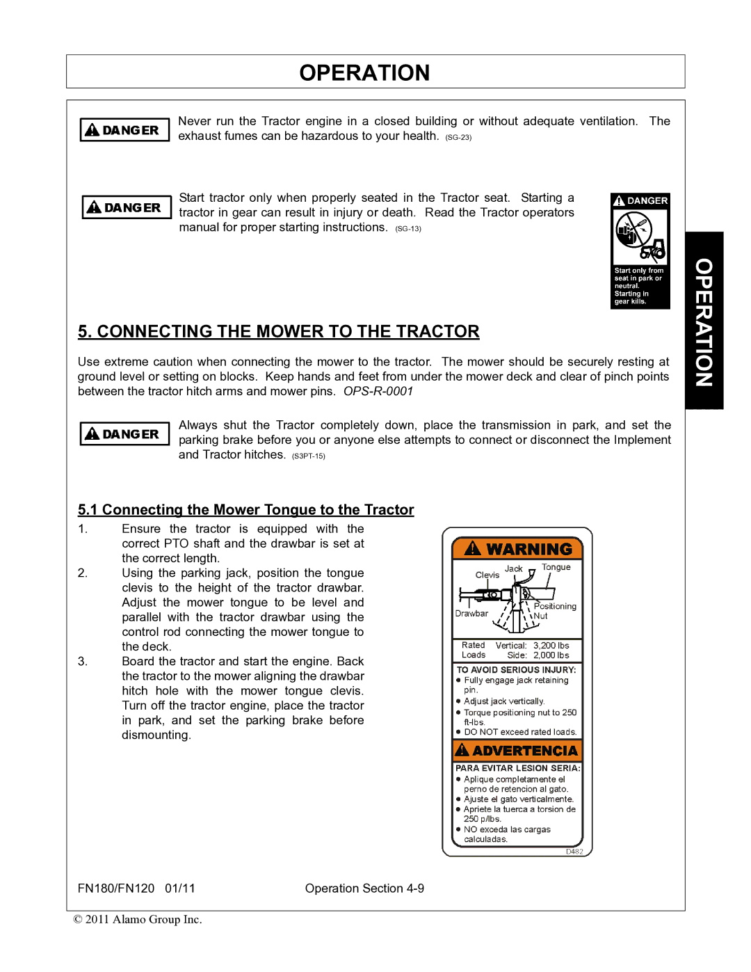 Rhino Mounts FN120, FN180 manual Connecting the Mower to the Tractor, Connecting the Mower Tongue to the Tractor 