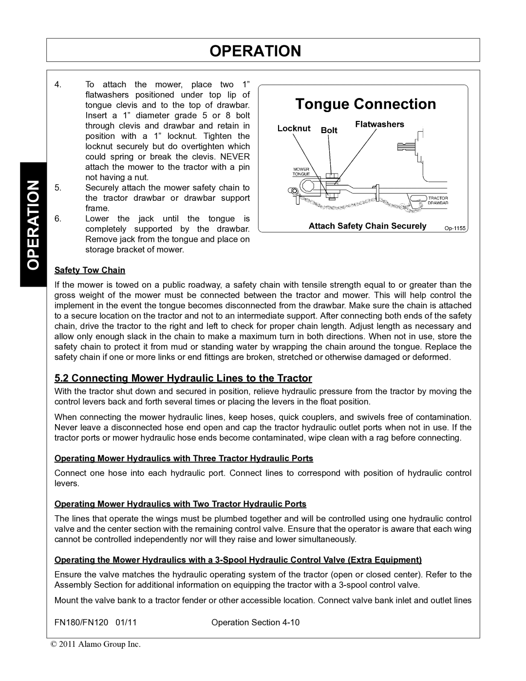 Rhino Mounts FN180, FN120 manual Connecting Mower Hydraulic Lines to the Tractor, Safety Tow Chain 