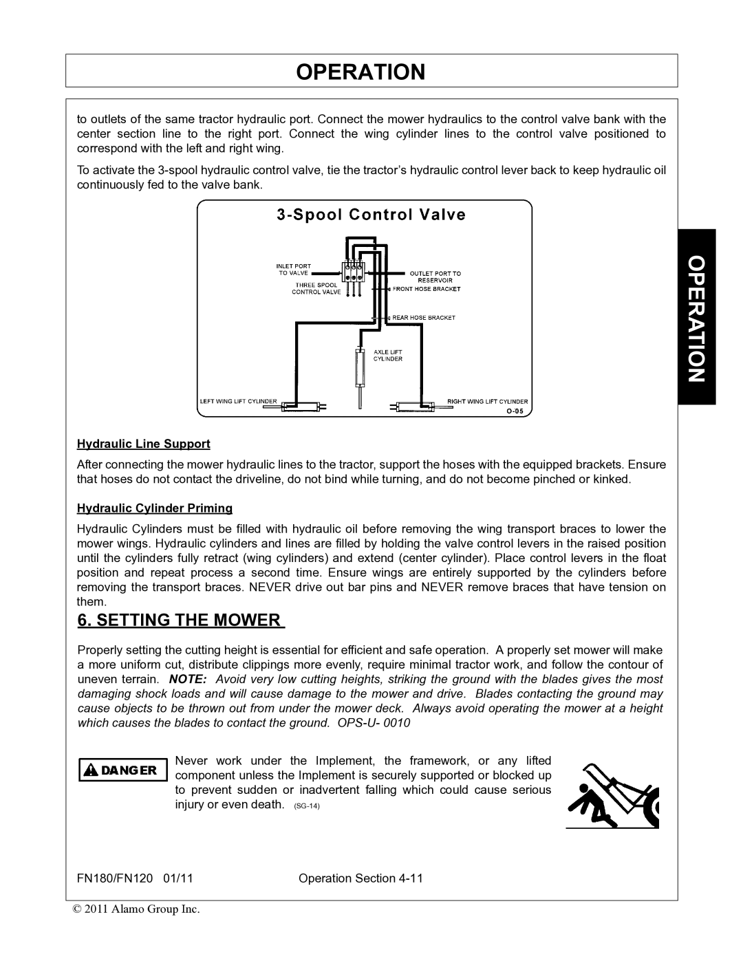 Rhino Mounts FN120, FN180 manual Setting the Mower, Hydraulic Line Support, Hydraulic Cylinder Priming 