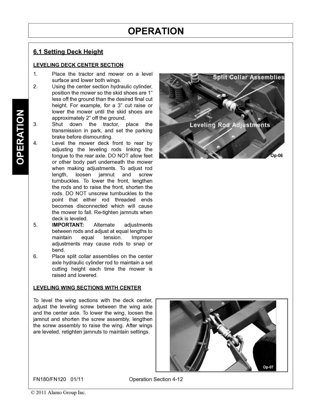 Rhino Mounts FN180, FN120 manual Setting Deck Height, Leveling Deck Center Section, Leveling Wing Sections with Center 