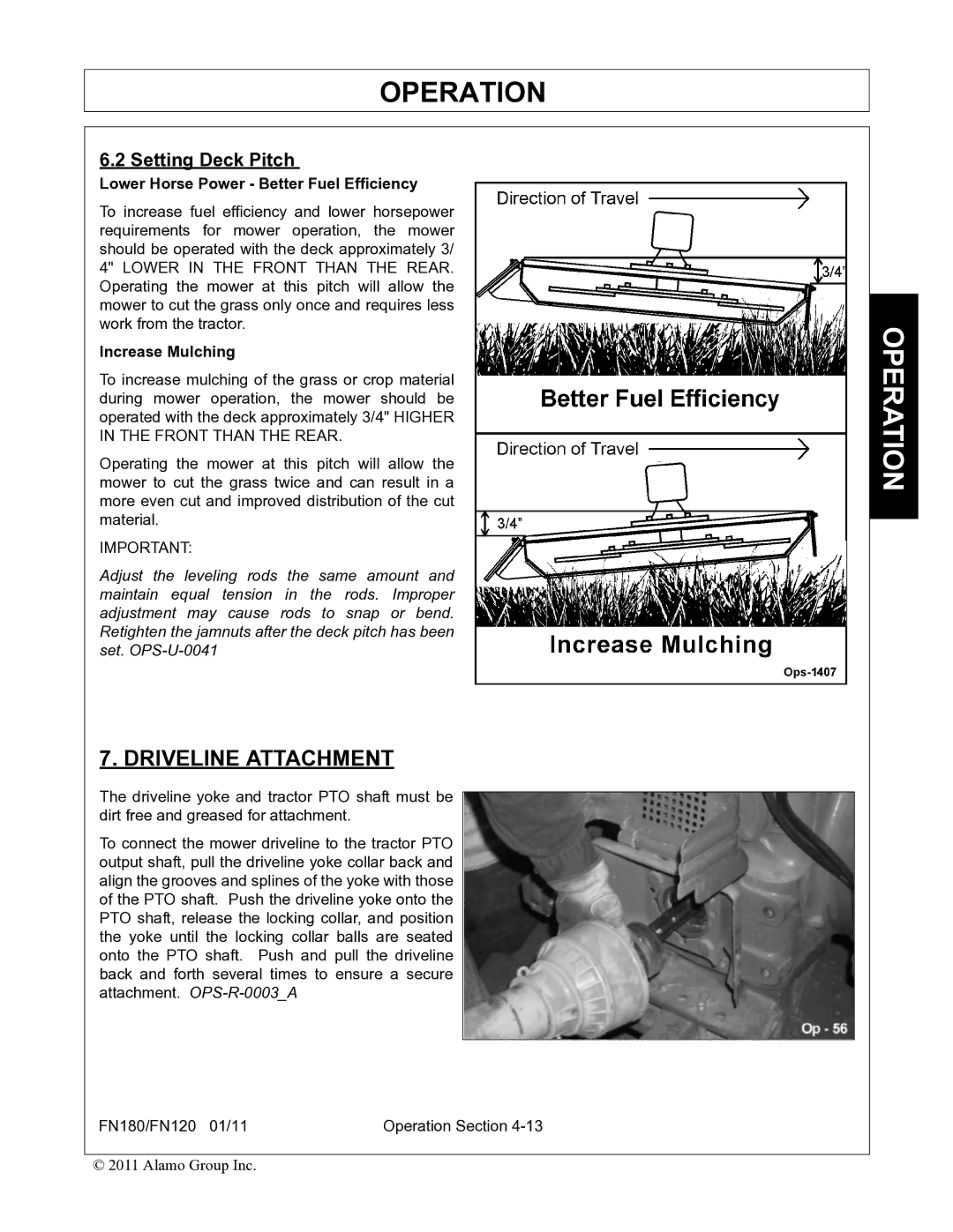 Rhino Mounts FN120, FN180 manual Setting Deck Pitch, Lower Horse Power Better Fuel Efficiency, Increase Mulching 