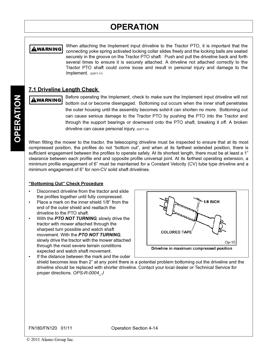 Rhino Mounts FN180, FN120 manual Driveline Length Check, Bottoming Out Check Procedure 