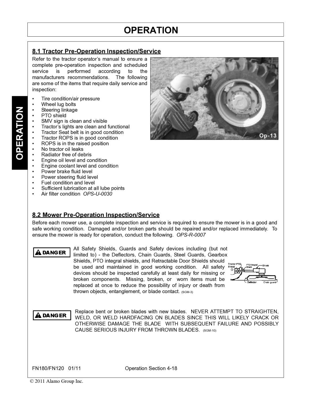 Rhino Mounts FN180, FN120 manual Tractor Pre-Operation Inspection/Service, Mower Pre-Operation Inspection/Service 