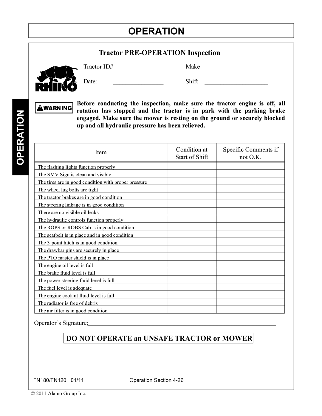 Rhino Mounts FN180, FN120 manual Tractor PRE-OPERATION Inspection 