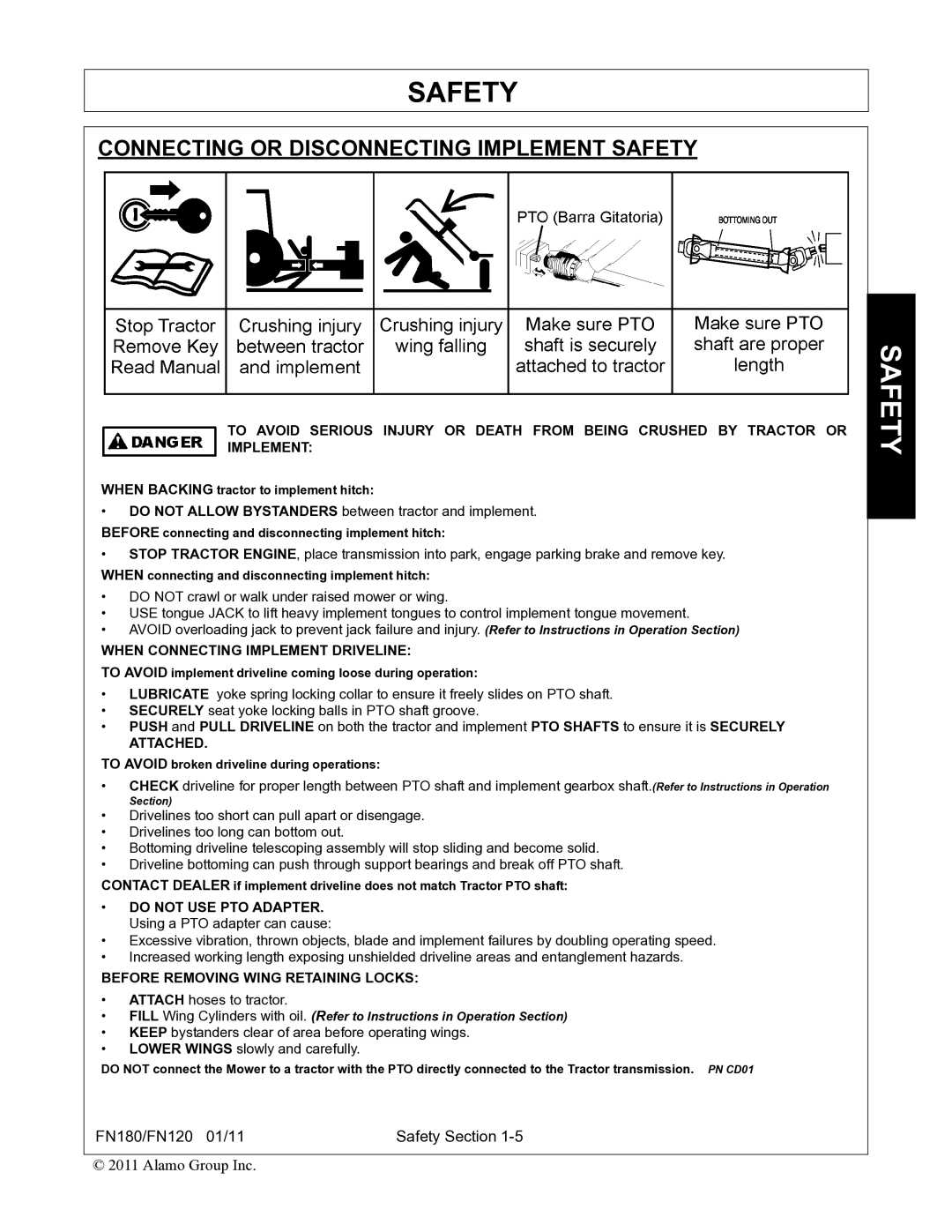 Rhino Mounts FN120, FN180 manual Connecting or Disconnecting Implement Safety, When Connecting Implement Driveline 