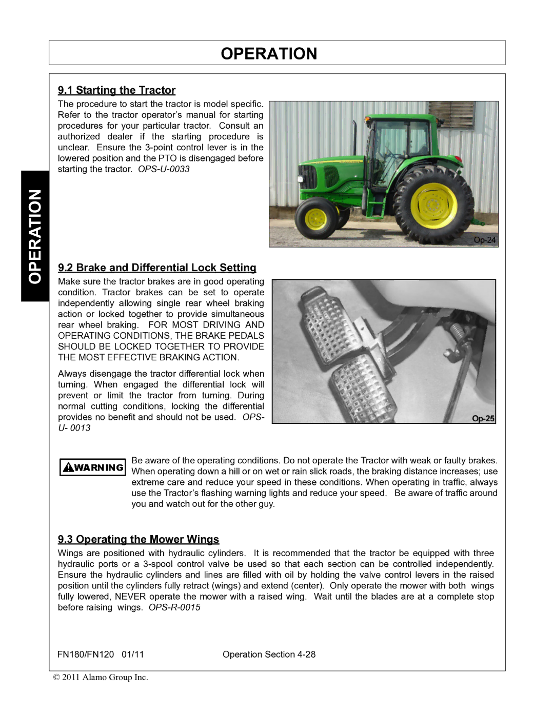 Rhino Mounts FN180, FN120 manual Starting the Tractor, Brake and Differential Lock Setting, Operating the Mower Wings 