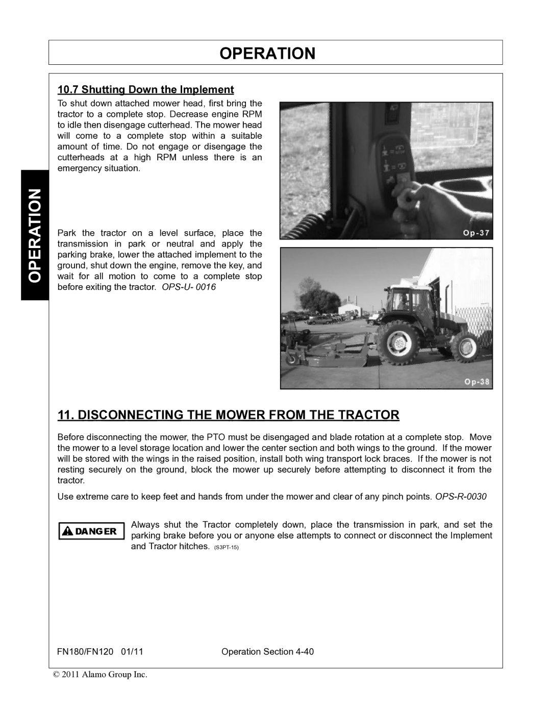 Rhino Mounts FN180, FN120 manual Disconnecting the Mower from the Tractor, Shutting Down the Implement 