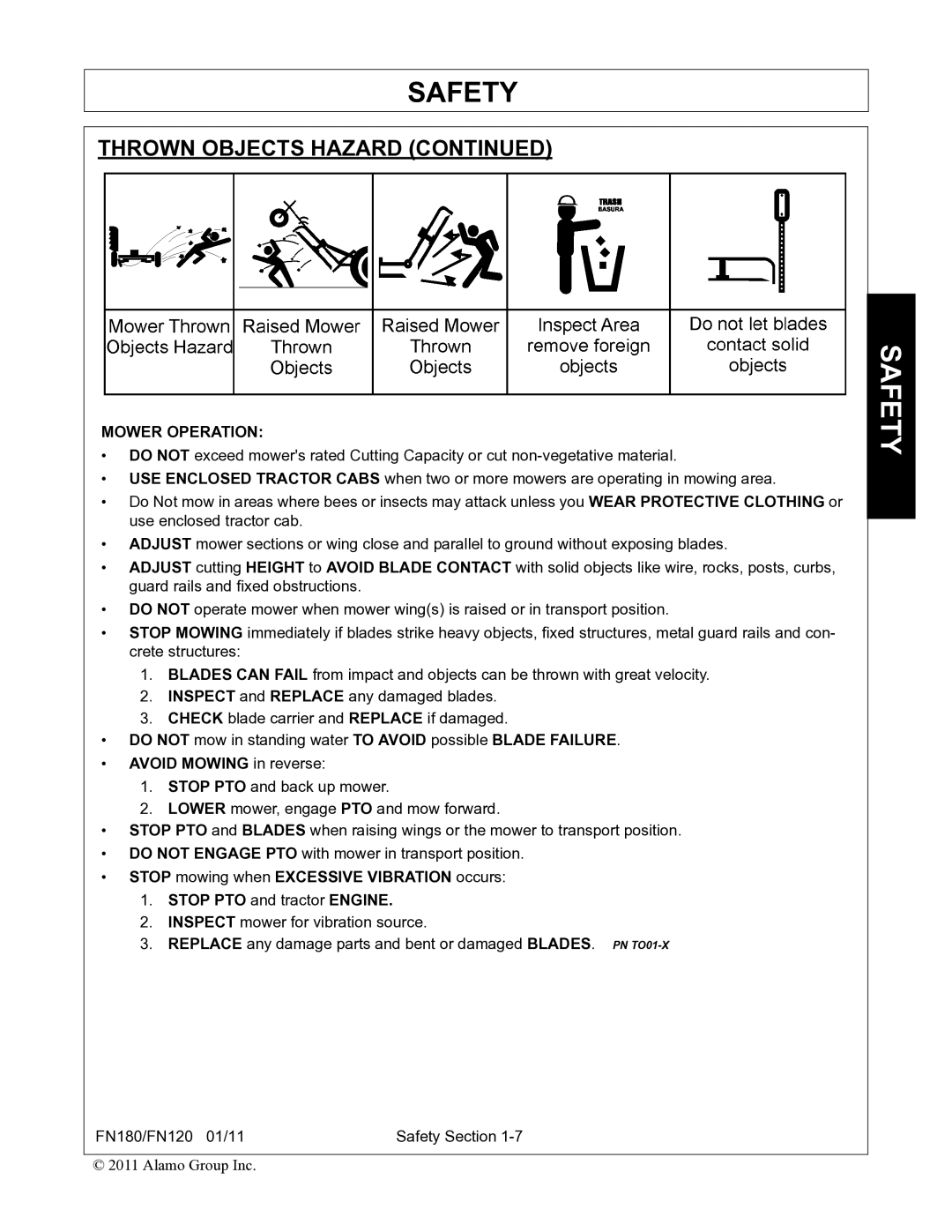 Rhino Mounts FN120, FN180 manual Thrown Objects Hazard, Mower Operation, Avoid Mowing in reverse 