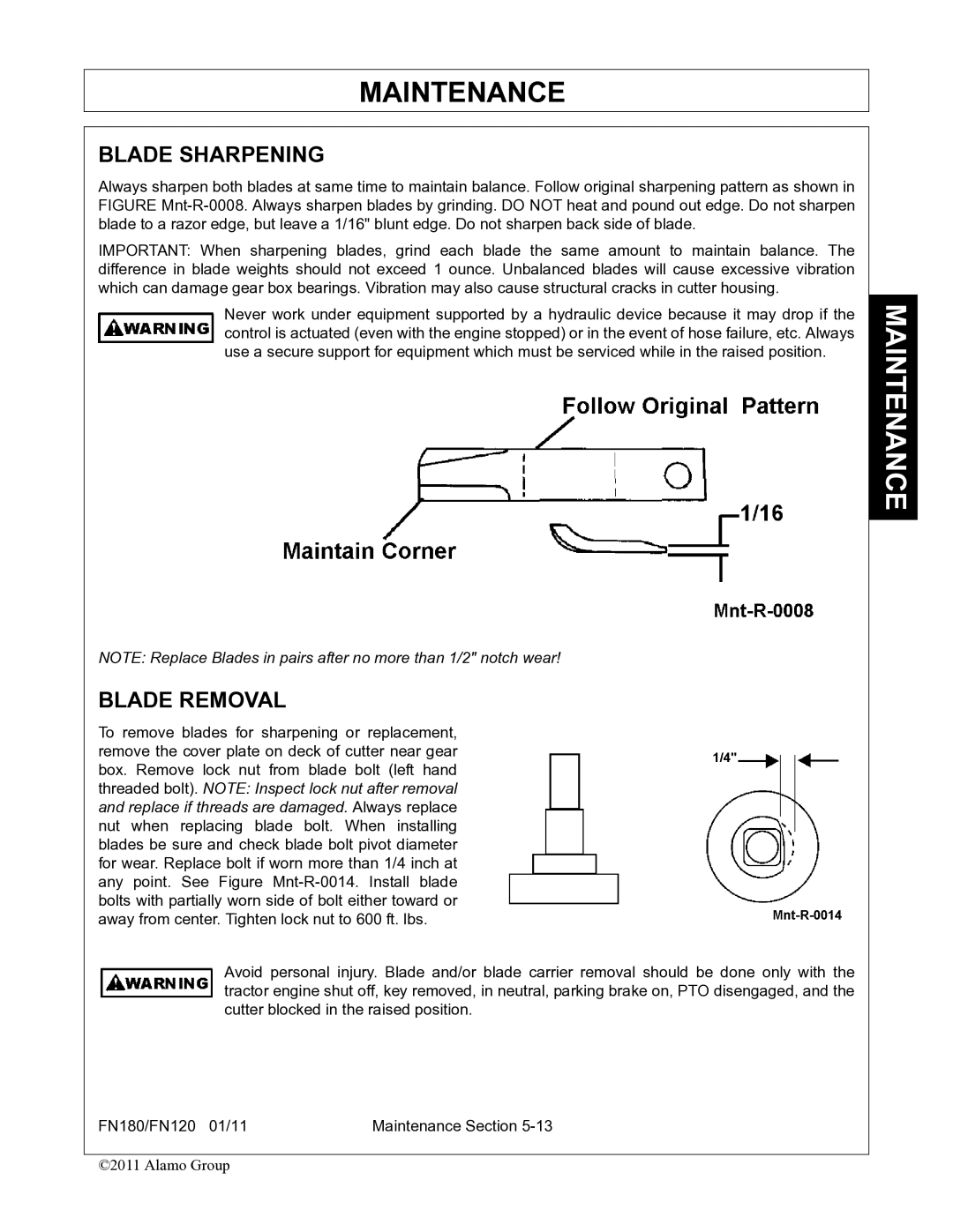 Rhino Mounts FN120, FN180 manual Blade Sharpening, Blade Removal 