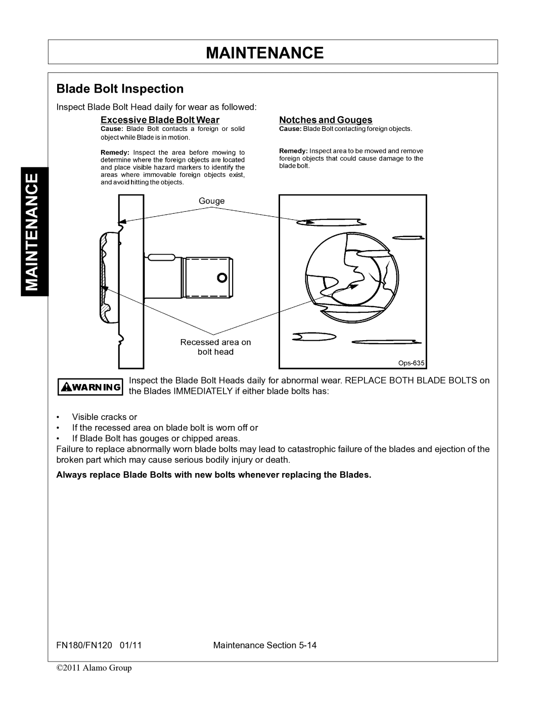 Rhino Mounts FN180, FN120 manual Blade Bolt Inspection 