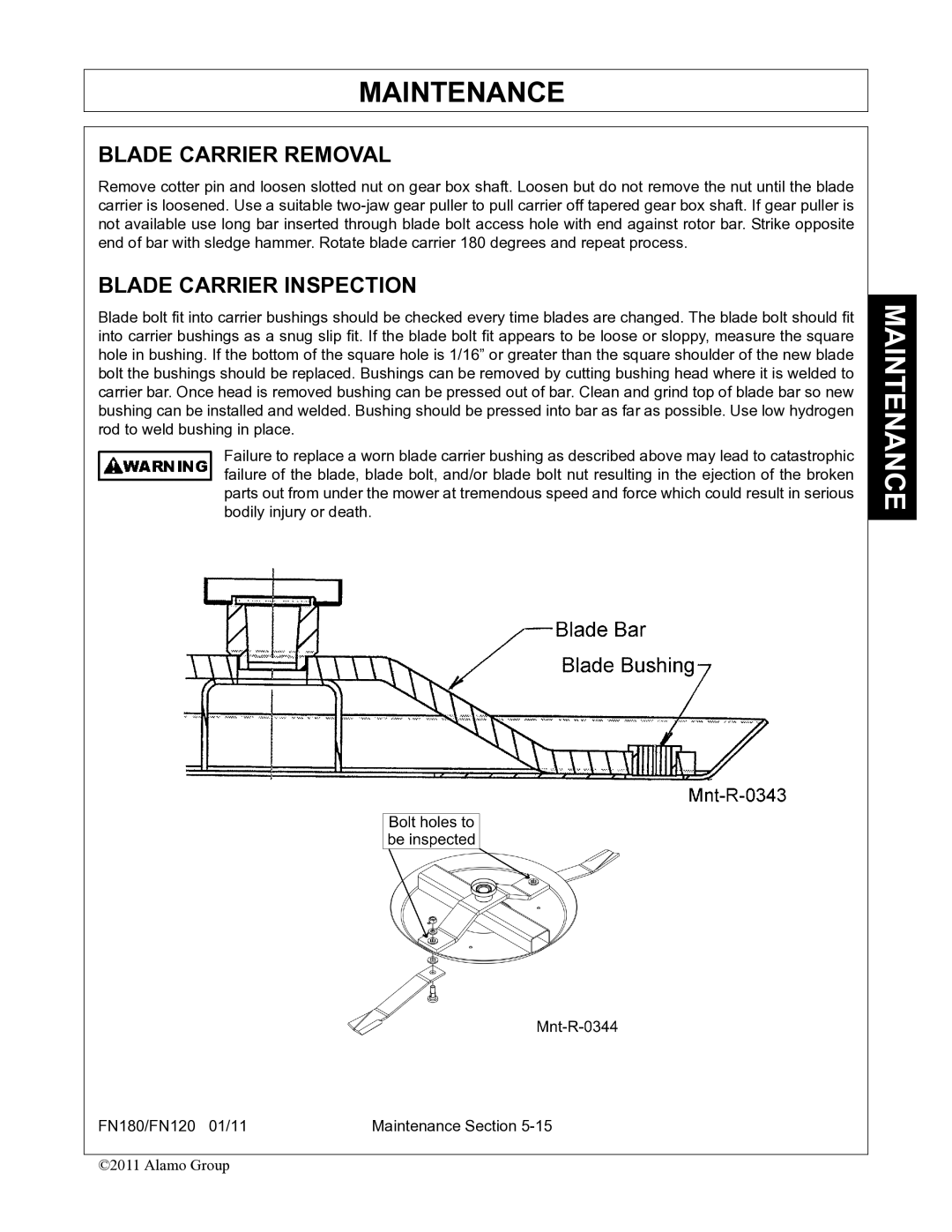 Rhino Mounts FN120, FN180 manual Blade Carrier Removal, Blade Carrier Inspection 