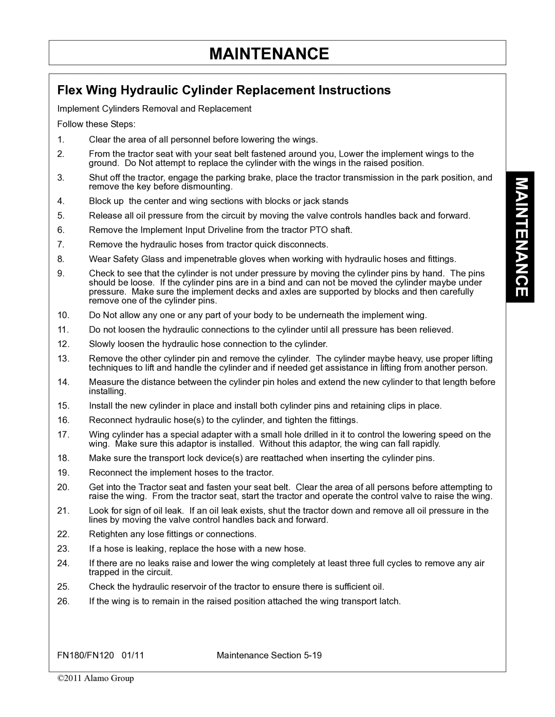 Rhino Mounts FN120, FN180 manual Flex Wing Hydraulic Cylinder Replacement Instructions 