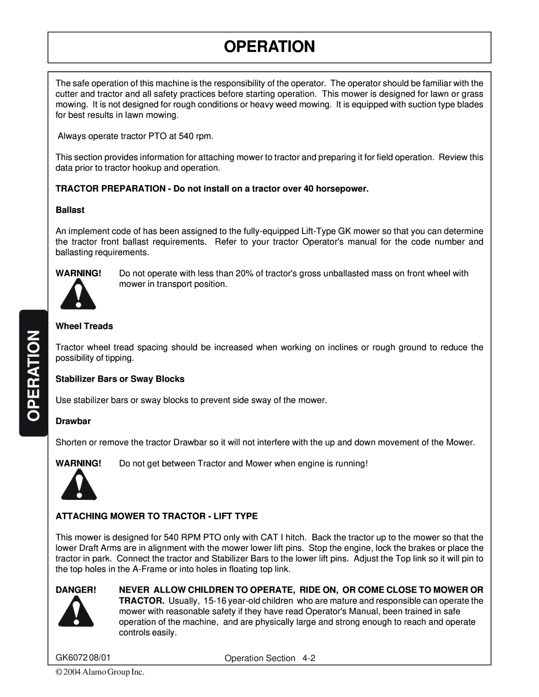 Rhino Mounts GK6072 manual Operation, Attaching Mower to Tractor Lift Type 