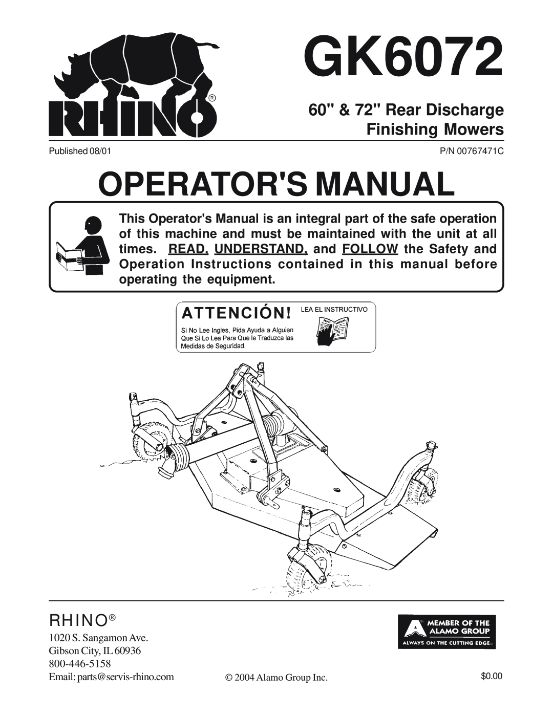 Rhino Mounts GK6072 manual 60 & 72 Rear Discharge Finishing Mowers, Rhino, Operators Manual 