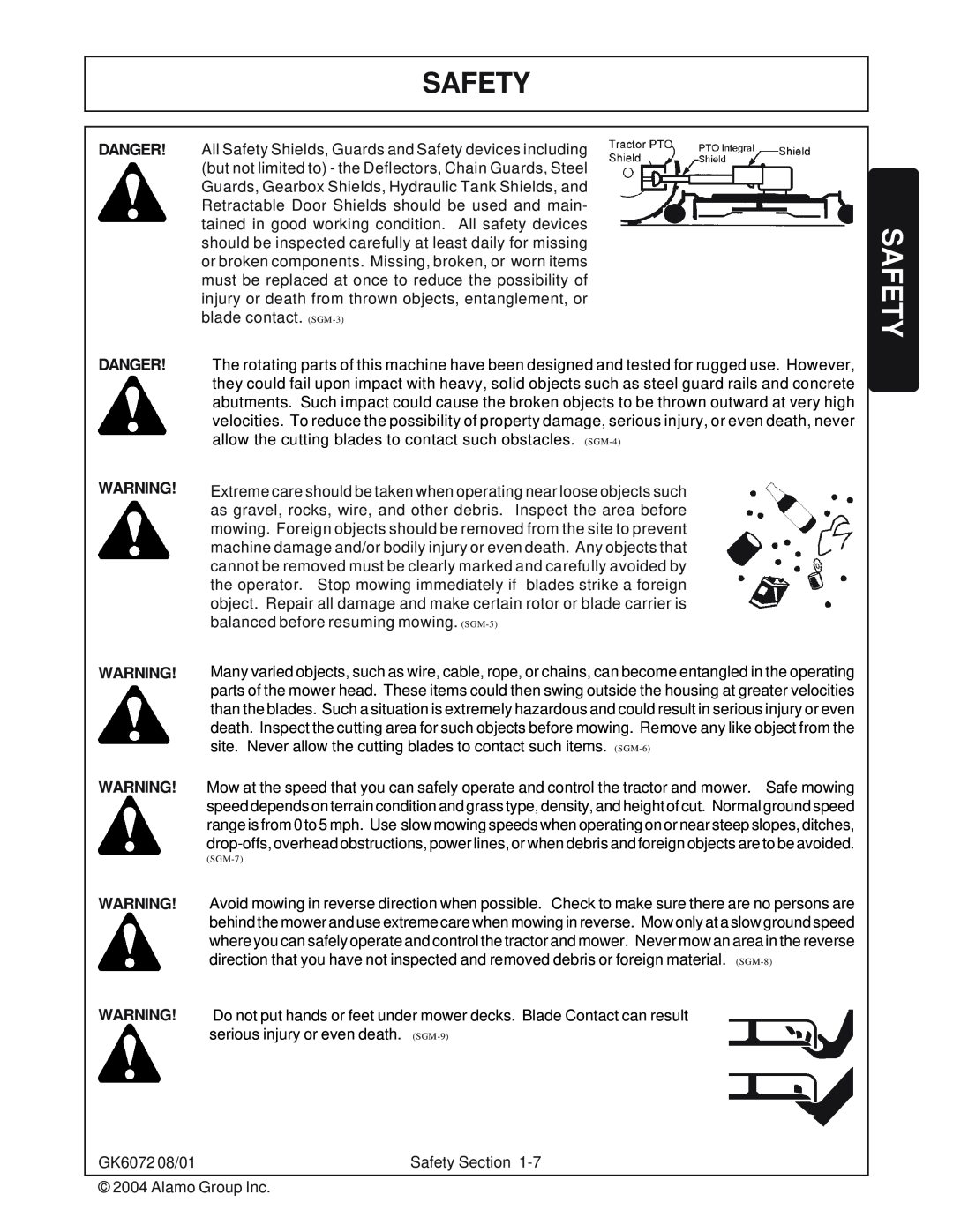 Rhino Mounts manual Safety, Danger Danger, GK6072 08/01 2004 Alamo Group Inc 