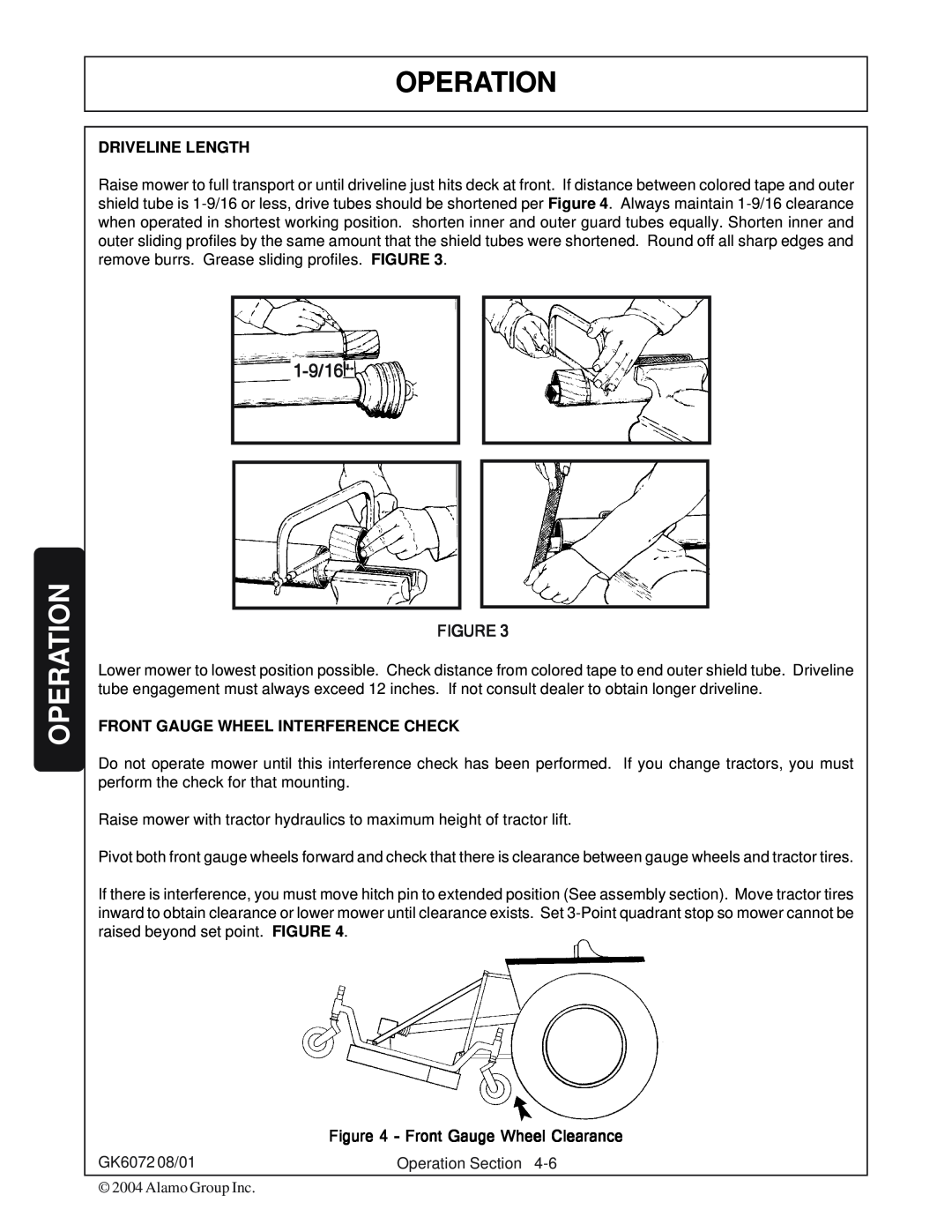 Rhino Mounts GK6072 manual Operation, 1-9/16, Driveline Length, Figure, Front Gauge Wheel Interference Check 