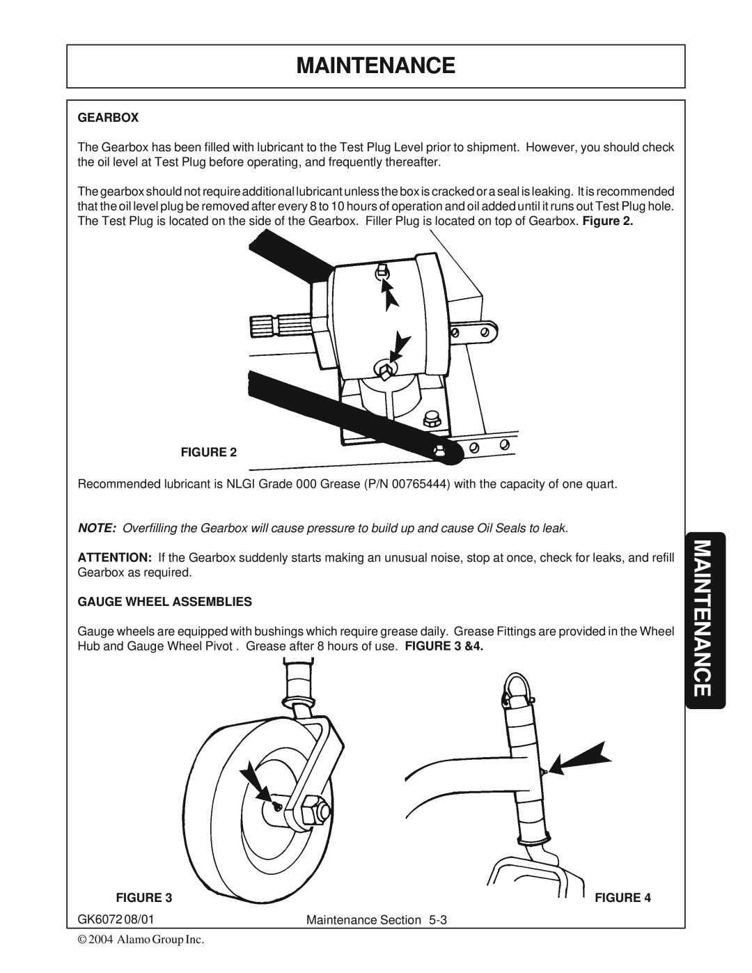 Rhino Mounts GK6072 manual Maintenance, Gearbox, Figure, Gauge Wheel Assemblies 