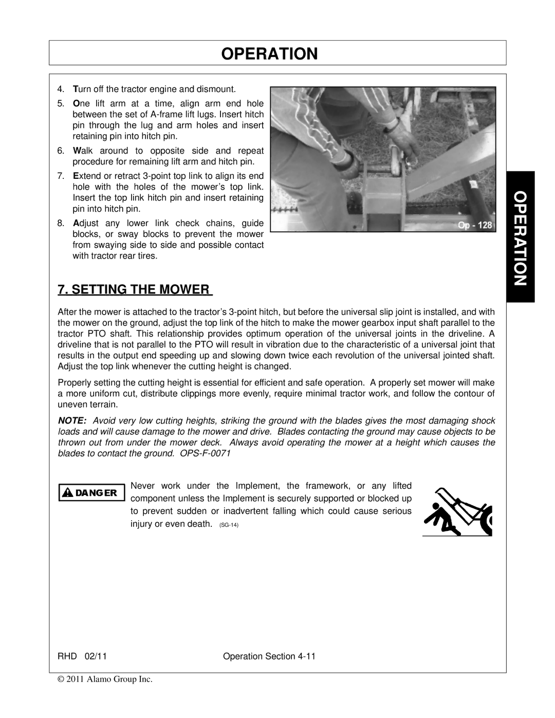 Rhino Mounts RHD74, RHD88, RHD62, RHD96 manual Setting the Mower 