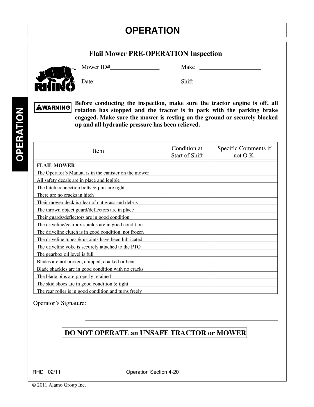 Rhino Mounts RHD62, RHD88, RHD74, RHD96 manual Flail Mower PRE-OPERATION Inspection 