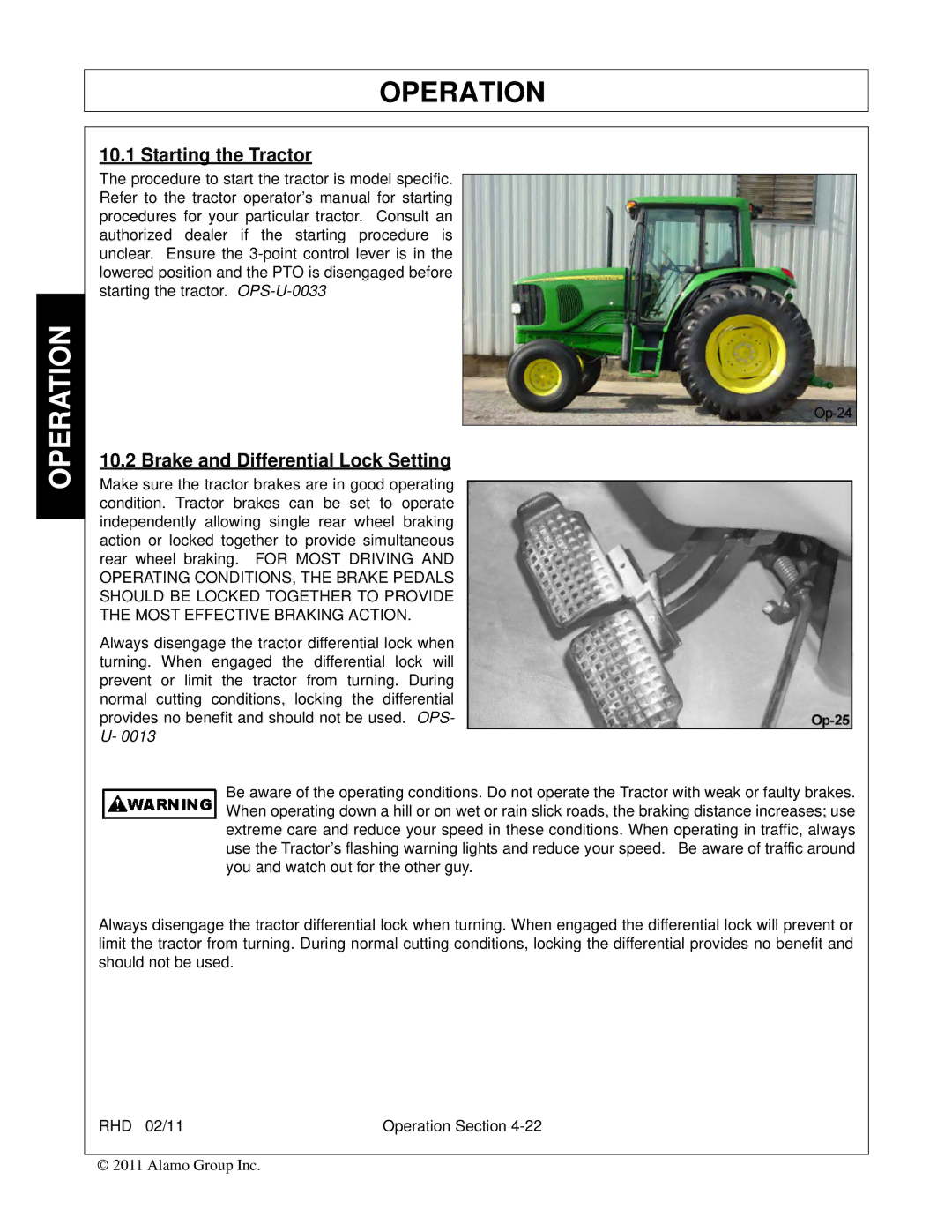 Rhino Mounts RHD88, RHD74, RHD62, RHD96 manual Starting the Tractor, Brake and Differential Lock Setting 