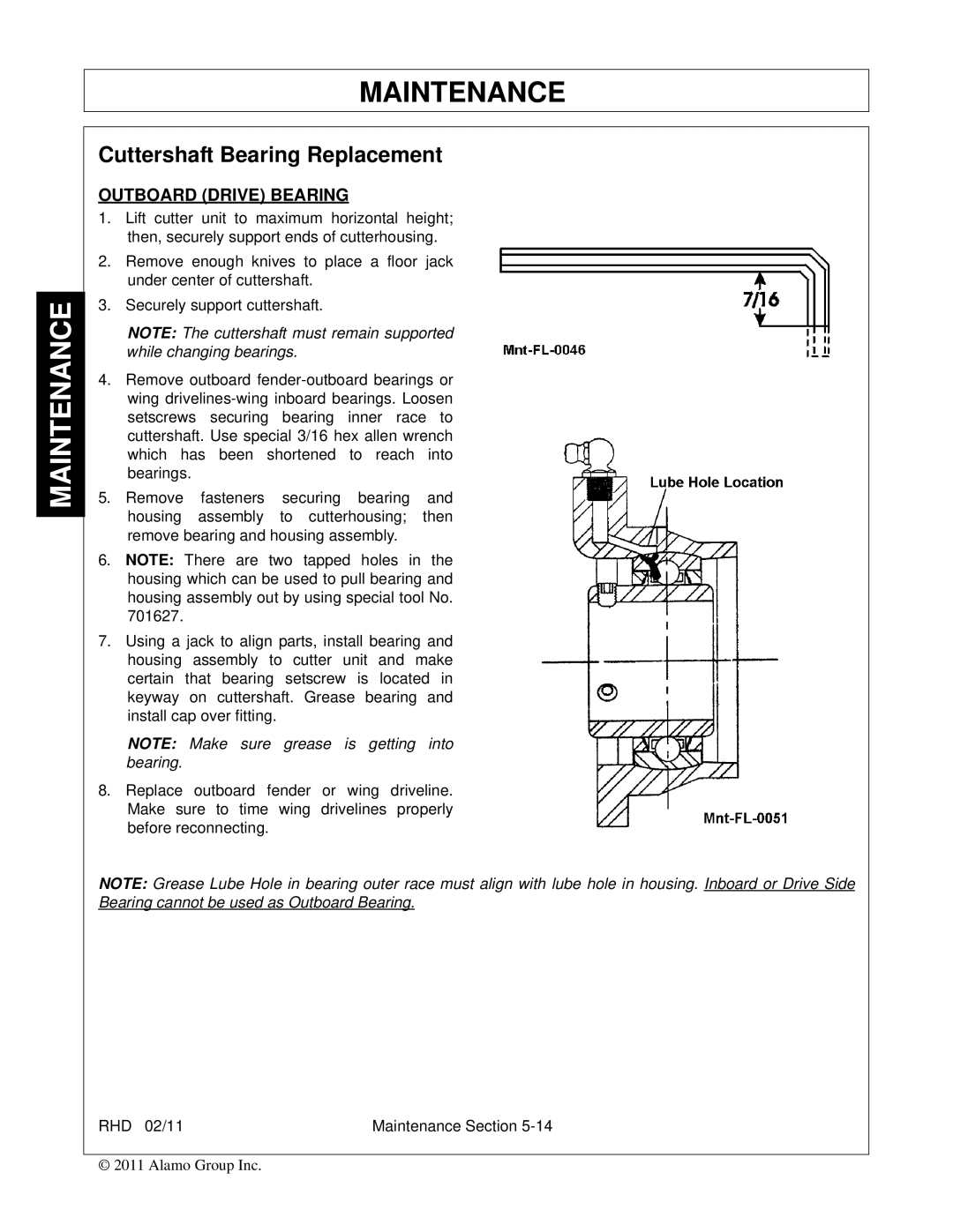 Rhino Mounts RHD88, RHD74, RHD62, RHD96 manual Cuttershaft Bearing Replacement, Outboard Drive Bearing 