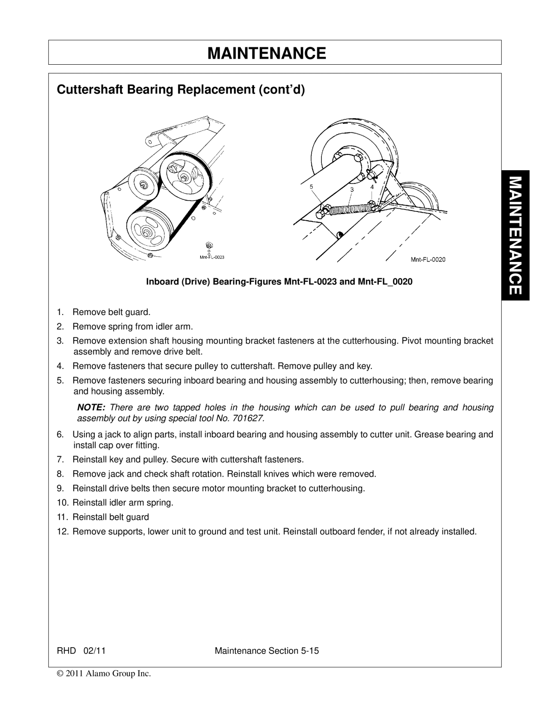 Rhino Mounts RHD74, RHD88 Cuttershaft Bearing Replacement cont’d, Inboard Drive Bearing-Figures Mnt-FL-0023 and Mnt-FL0020 