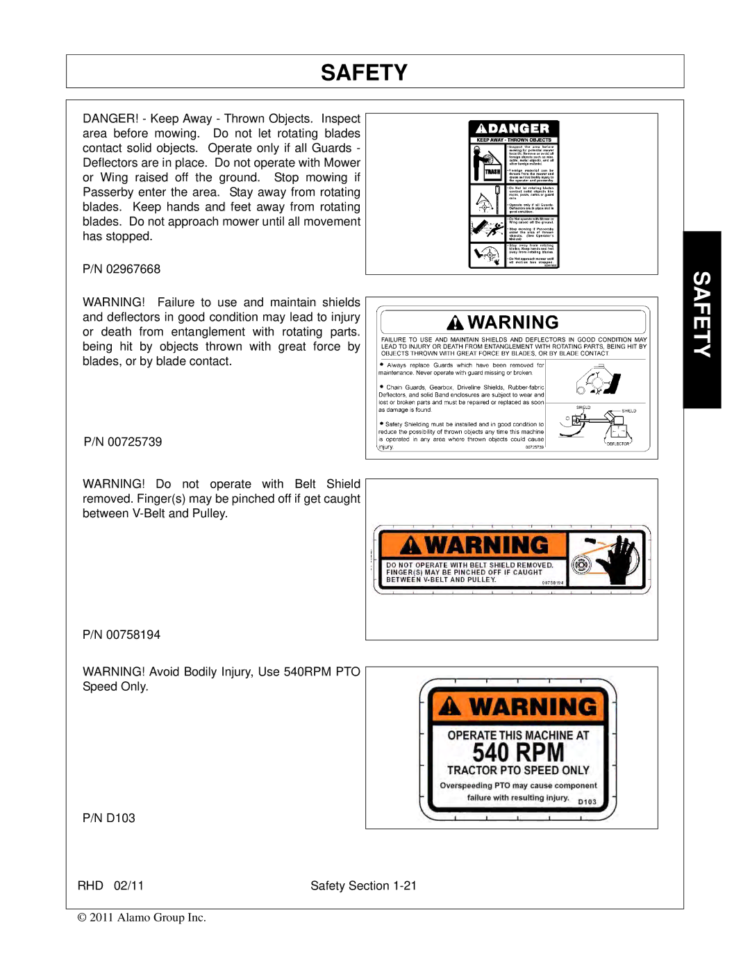 Rhino Mounts RHD96, RHD88, RHD74, RHD62 manual D103 RHD 02/11 Safety Section 