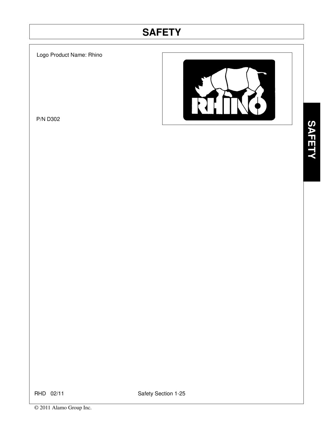 Rhino Mounts RHD96, RHD88, RHD74, RHD62 manual Logo Product Name Rhino D302 RHD 02/11 Safety Section 