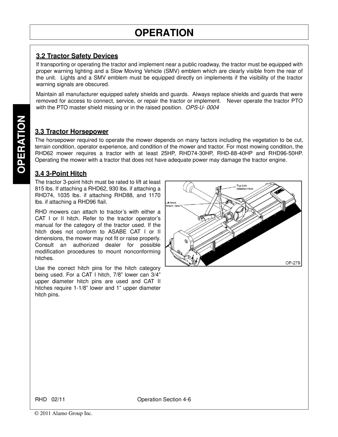 Rhino Mounts RHD88, RHD74, RHD62, RHD96 manual Tractor Safety Devices, Tractor Horsepower, Point Hitch 