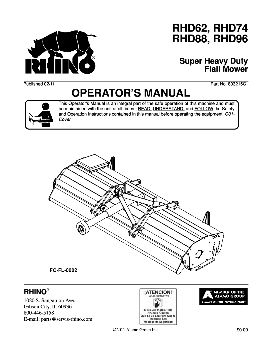 Rhino Mounts manual Super Heavy Duty Flail Mower, RHD62, RHD74 RHD88, RHD96, Operator’S Manual, Rhino 